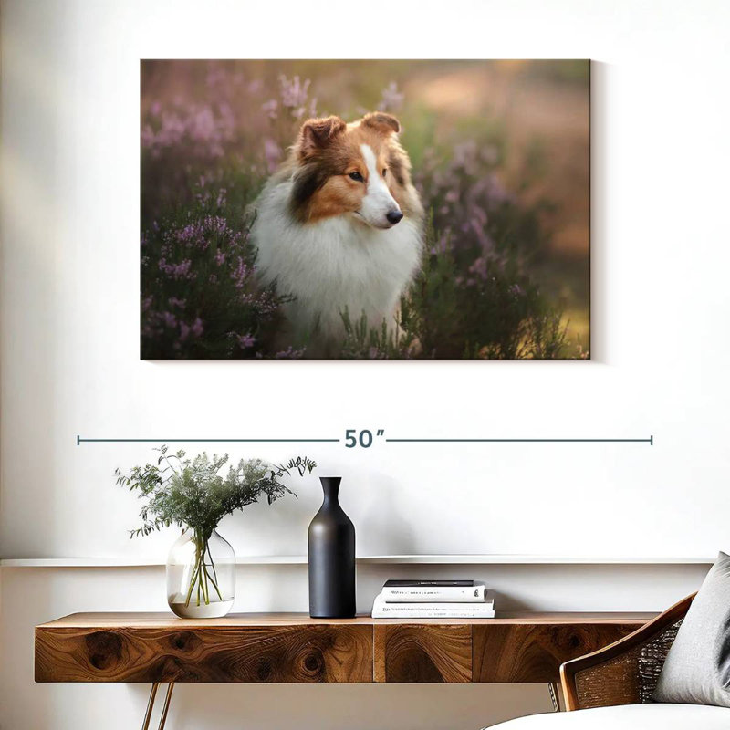 Sheltie et fleurs, H 26 po x l 39 po