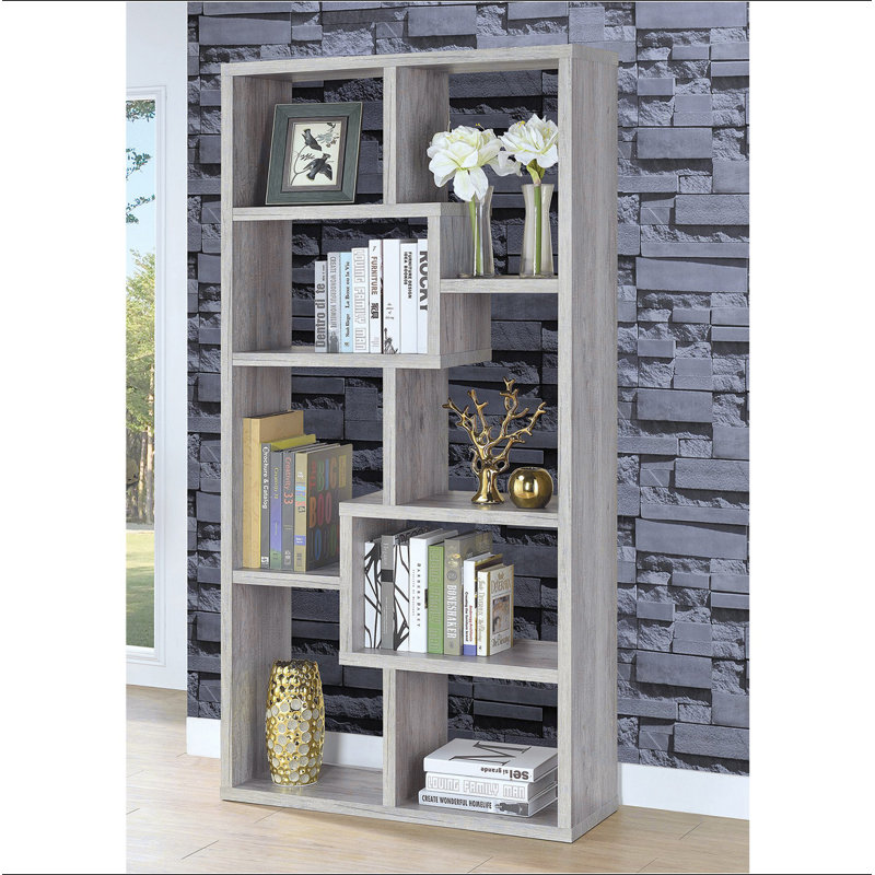 Bibliothèque géométrique à 10 tablettes au fini bois flottant gris, Gris