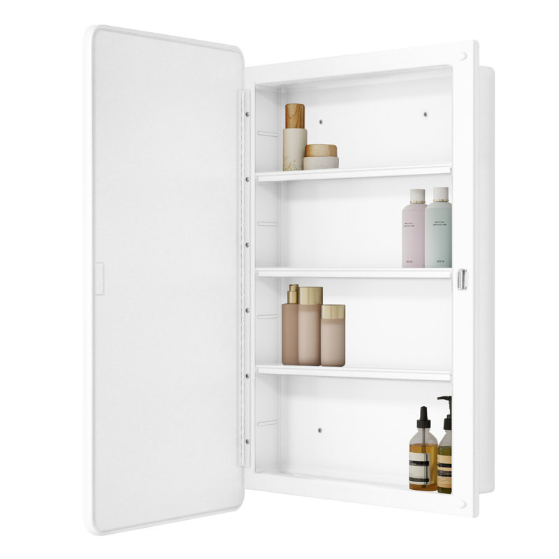  16X28 Inch White Surface Mount Or Recessed Medicine Cabinet With Round Corner Mirror And Adjustable Shelves, White