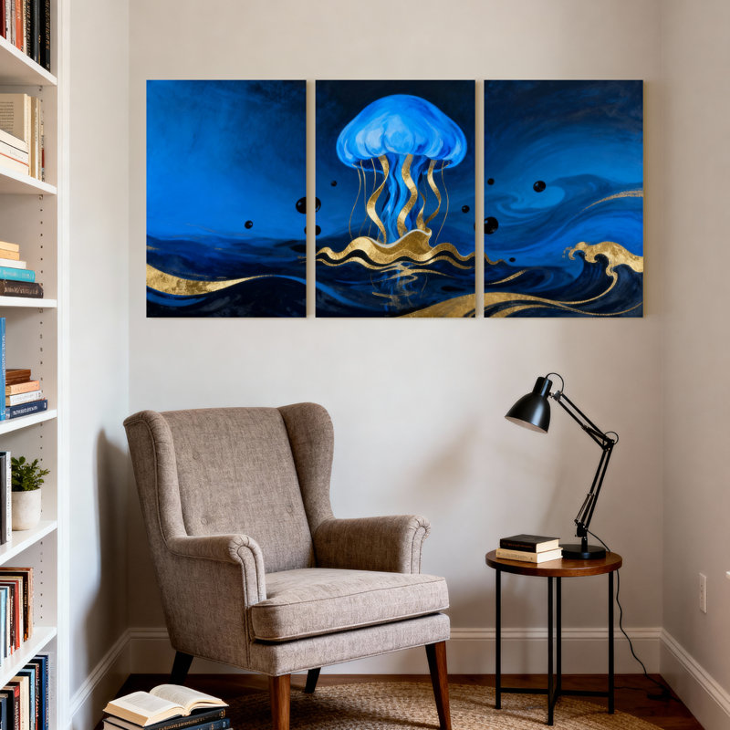 «Blue Jellyfish Golden Waves Deep Ocean Art», ensemble de 3 impressions sur toile, H 18 po x l 36 po