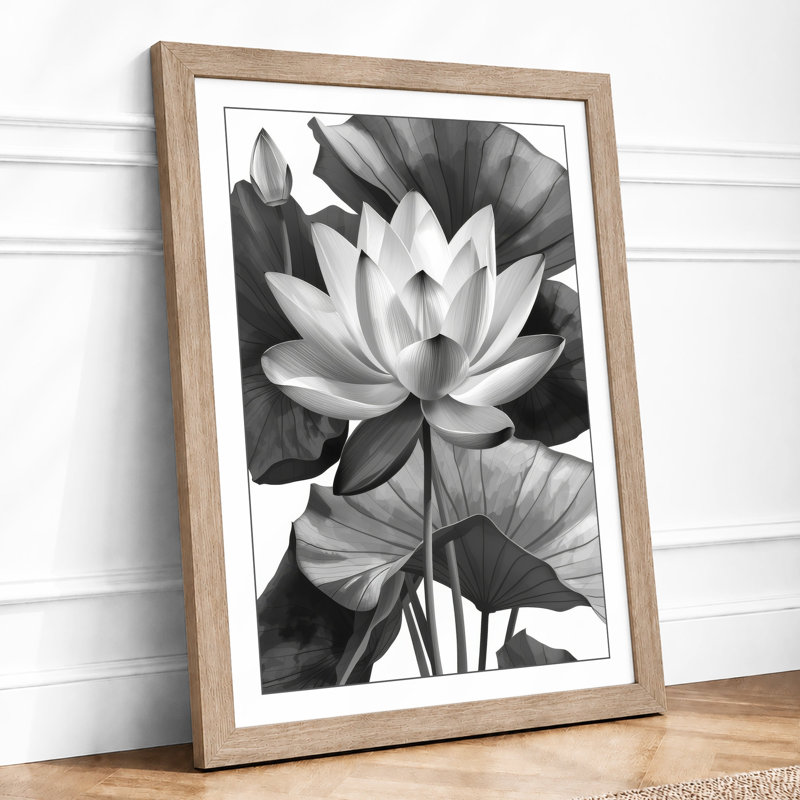 Lotus in Bloom Botanical - Framed Print, A4 - 29.7 x 21.0 cm, Oak