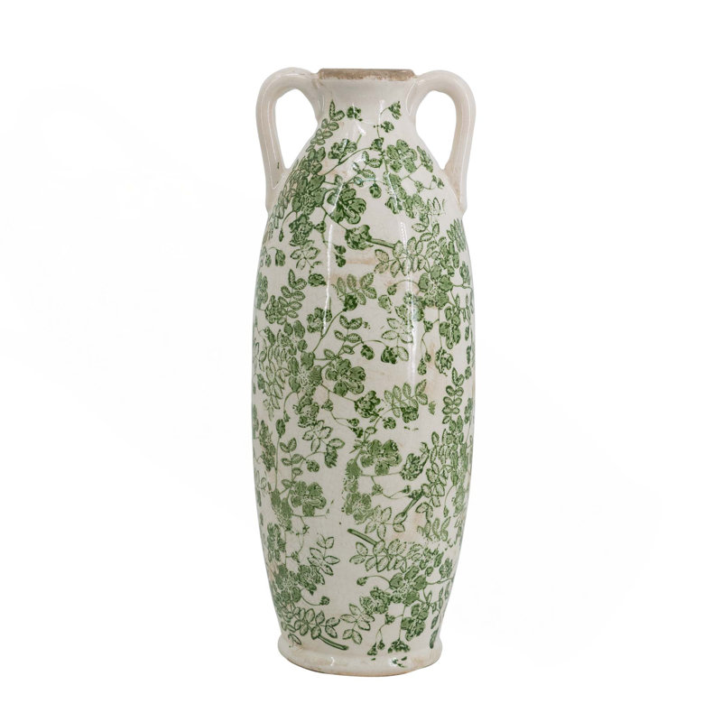 White Ceramic Flower Vase With Green Floral Pattern And Small Handles, 15.6" H x 5.9" W x 5.9" D, White/Green