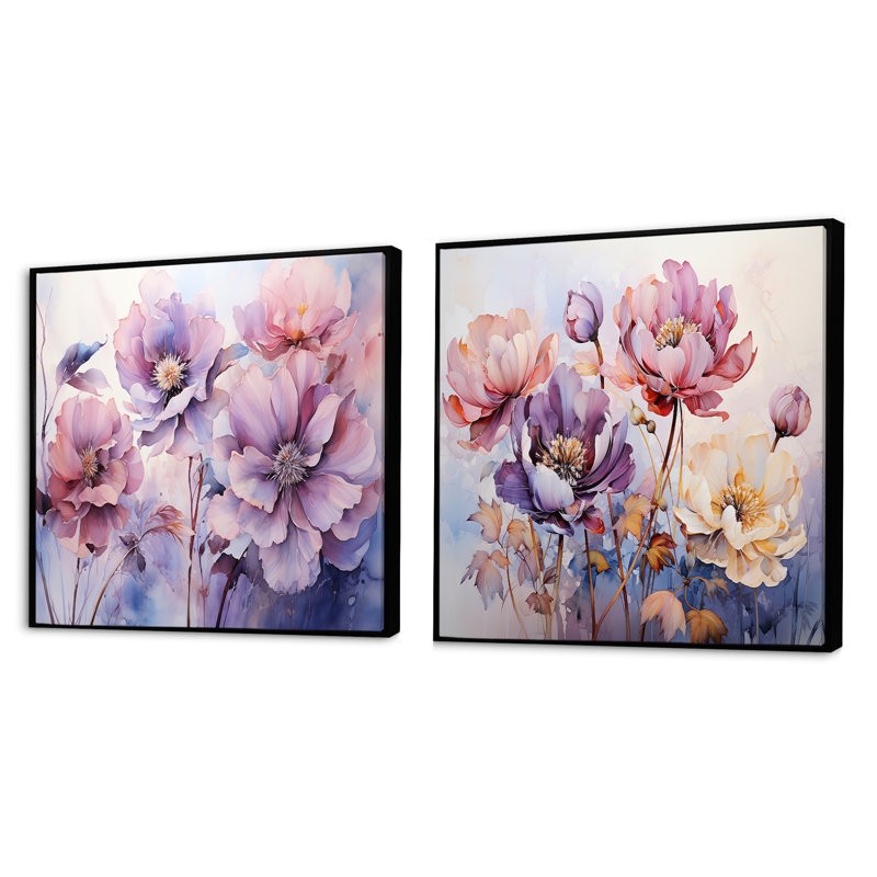 Fleurs sauvages roses fantaisistes - ensemble de 2 collages carrés botaniques abstraits, Cadre flottant noir