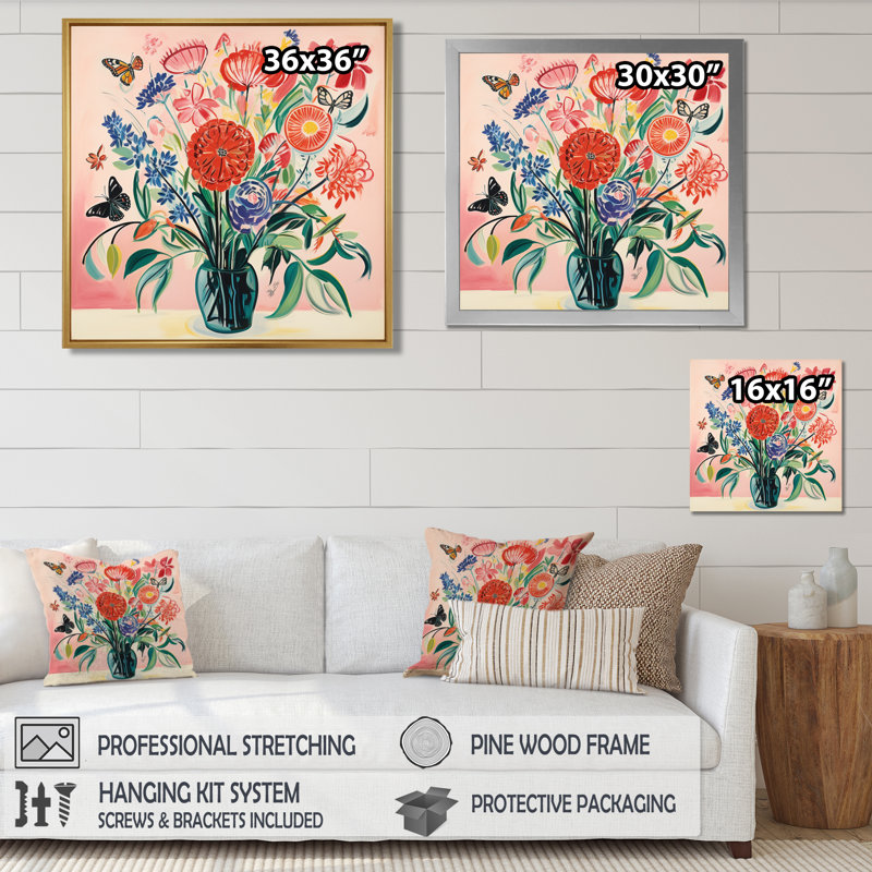 Fleurs sauvages dans un vase Illustration rétro - Bouquets assortis, art mural, salon, Toile avec cadre flottant or
