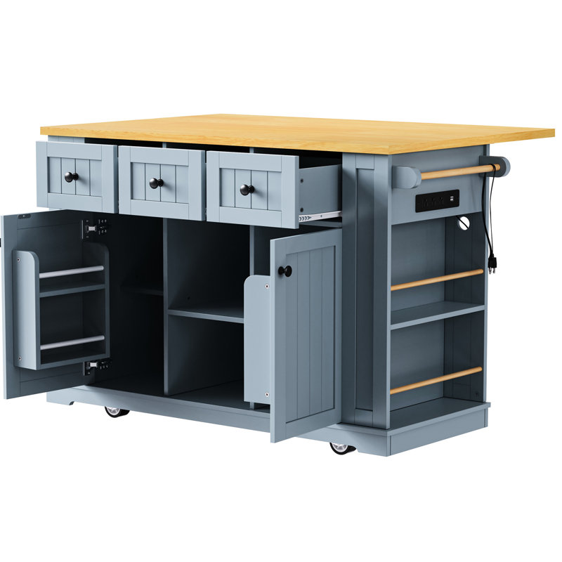Îlot de cuisine roulant de 53 pouces en bleu - avec options de rangement interne, abattant pliable et support électrique, connexions électriques