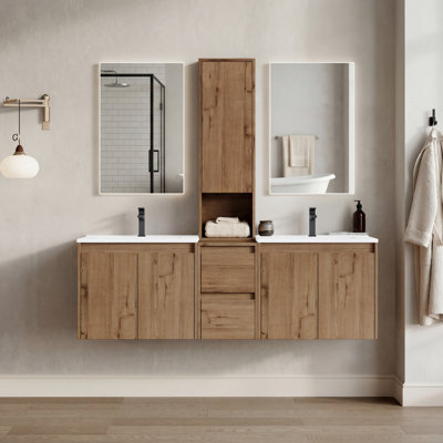 60" Floating Double Bathroom Vanity with Upper Cabinet, Ceramic Sink and Handle-Free Design