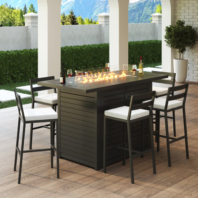 Chelsea Rectangular Bar Height Fire Pit Aluminum Table With Removable Lid And Tempered Glass Fire Guard For Outdoor Use, Patio, Backyard