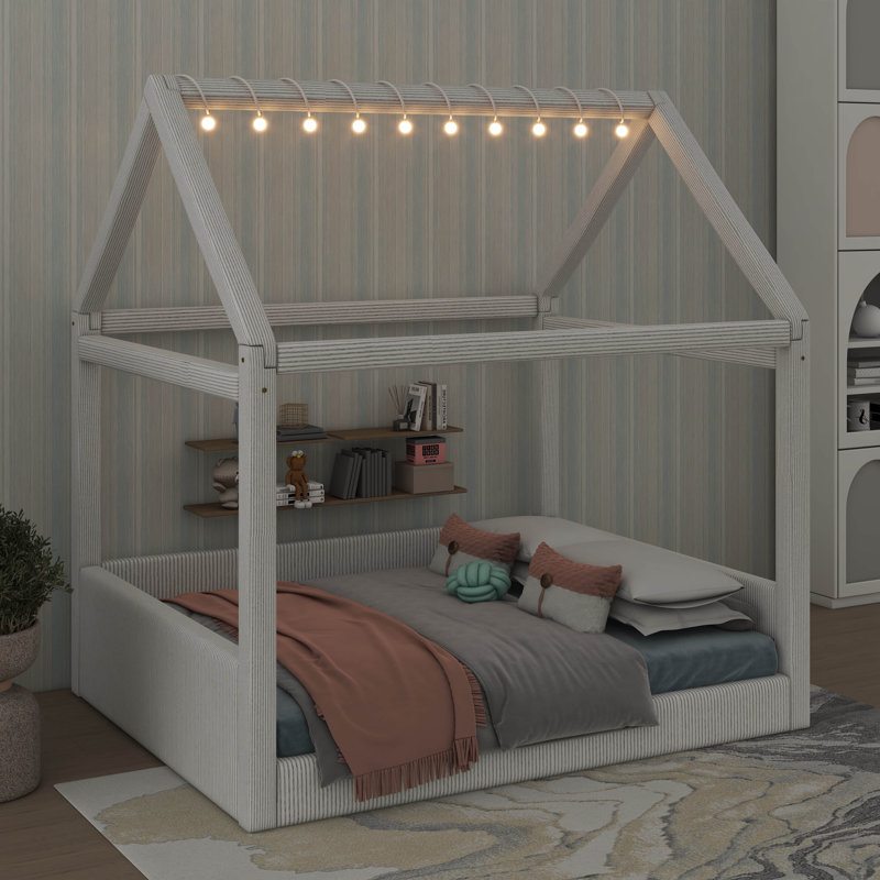 Full Size Textile-Finished House Daybed With Integrated LED Light Bands, Beige