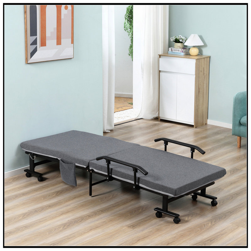 Lit d'appoint portatif avec matelas de 3,25 pouces, dossier réglable et structure en métal sur roulettes pour les invités, gris foncé
