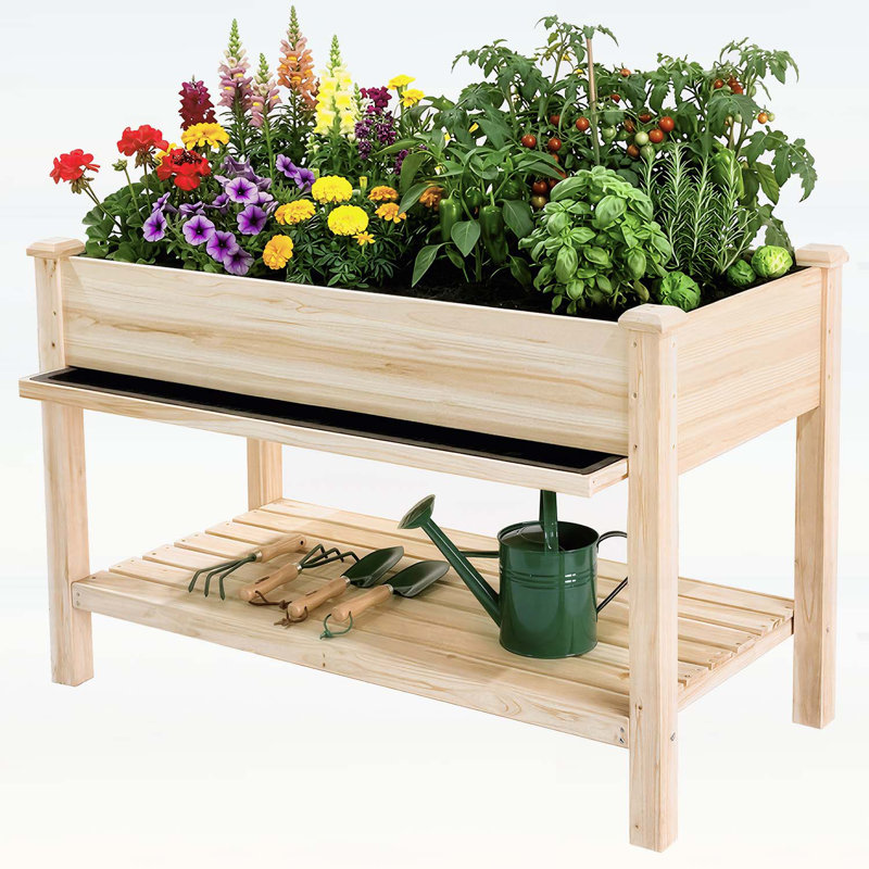 Pot à fleurs surélevé avec plateau de collecte d'eau et tablette de rangement, idéal pour le jardinage dans les petits espaces