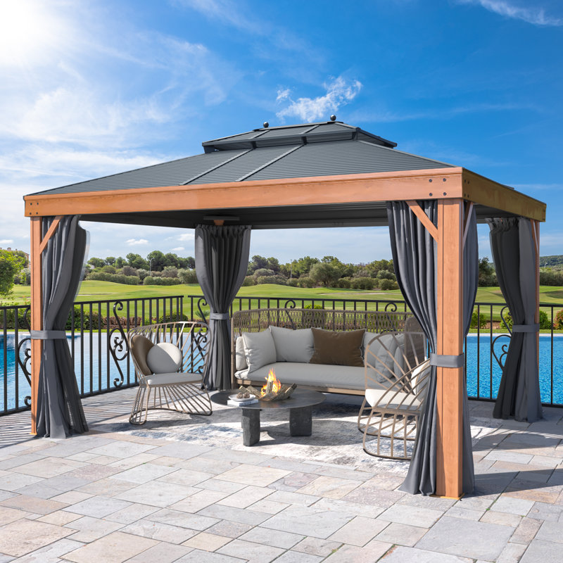 10 ft. x 13 ft. Hardtop Gazebo with Wood Grain Frame – Outdoor Aluminum Gazebo with Netting and Curtains for Patio, Lawn & Deck