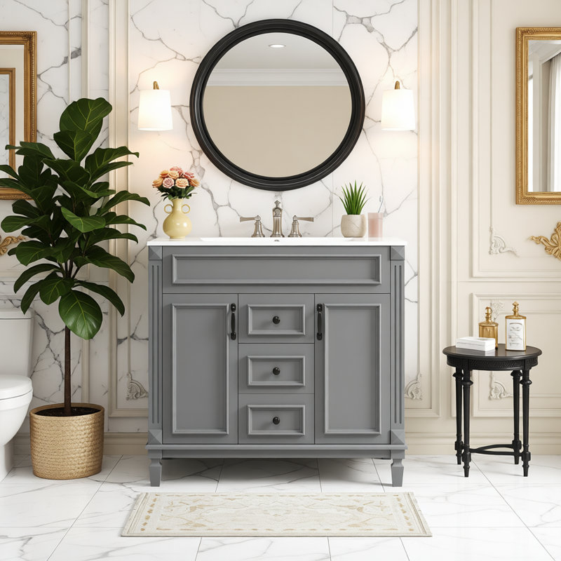 Meuble-lavabo sur pied 36 po avec lavabo supérieur, meuble-lavabo simple moderne avec 2 portes à fermeture douce et 2 tiroirs