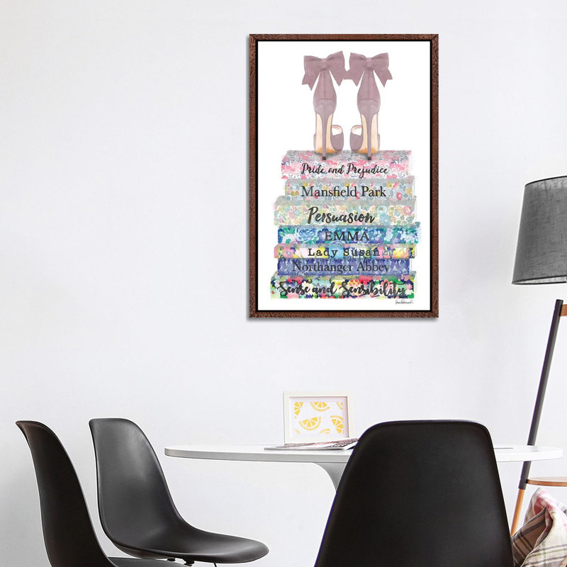Austen Flower Books With Shoes by Amanda Greenwood - Painting on Canvas, Classic Brown Wood Framed Canvas