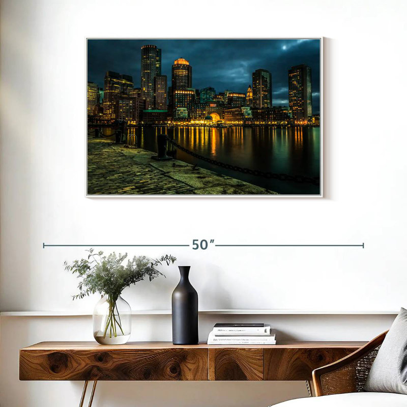 Silhouette de Boston la nuit, 37 po x 25 po, Cadre flottant blanc