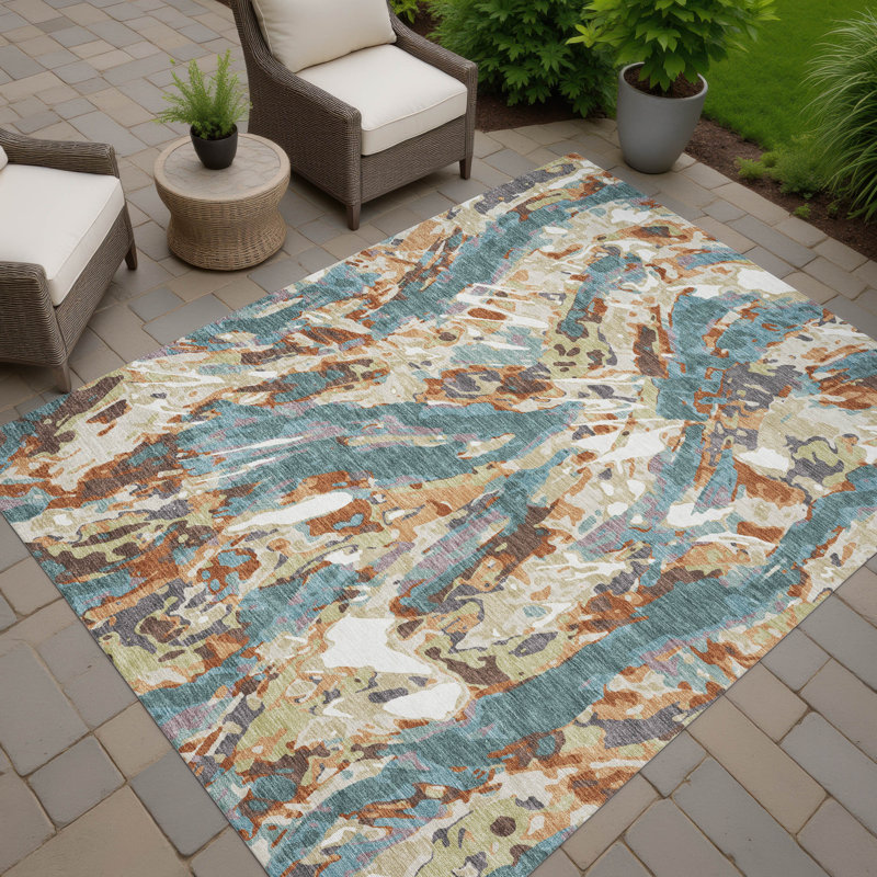 Machine Washable Indoor/Outdoor Chantille ACN2441 Abstract Rug, Teal, 10' x 14'