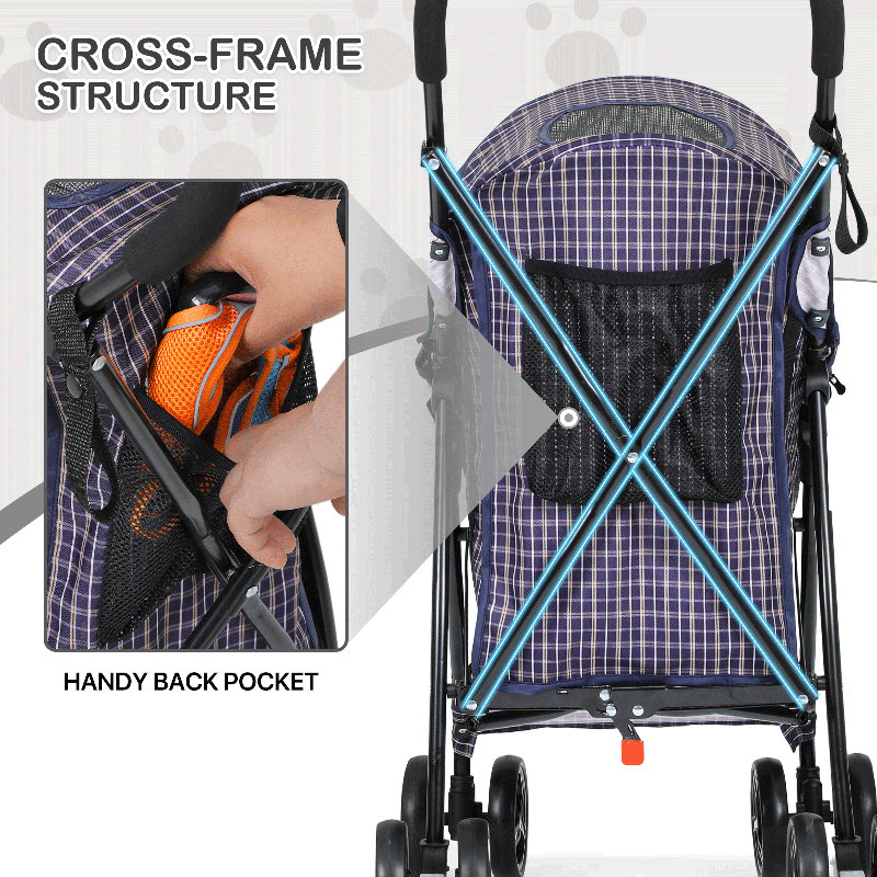 Plaid Steel Frame Foldable Pet Stroller with Rubber Wheels