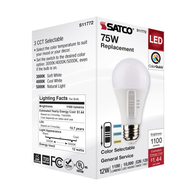 12 Watt (75 Watt Equivalent), A19 LED, Non-Dimmable Light Bulb, Selectable CCT E26/Medium (Standard) Base, 12 W