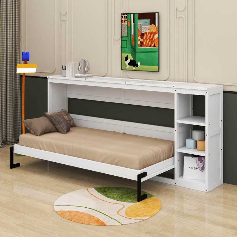 Lit escamotable simple avec bibliothèque, Simple, Blanc