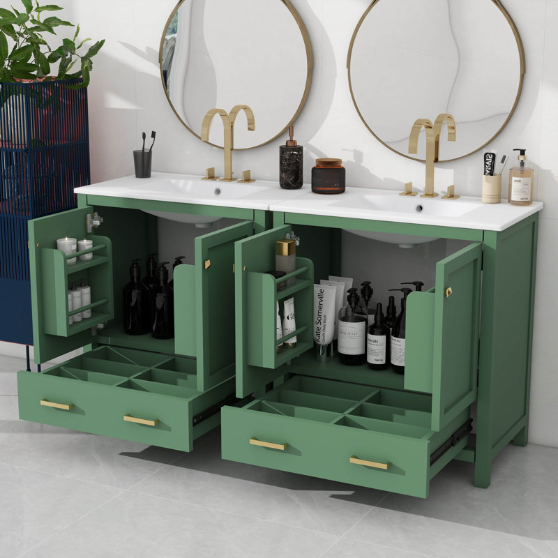 Ensemble de meuble-lavabo élégant avec lavabos en céramique et tiroirs cloisonnés, Vert, 60'', Ensemble central de 4 po