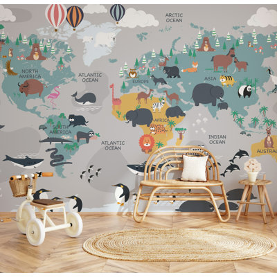 Papier peint mural pour enfants, carte du monde, gris