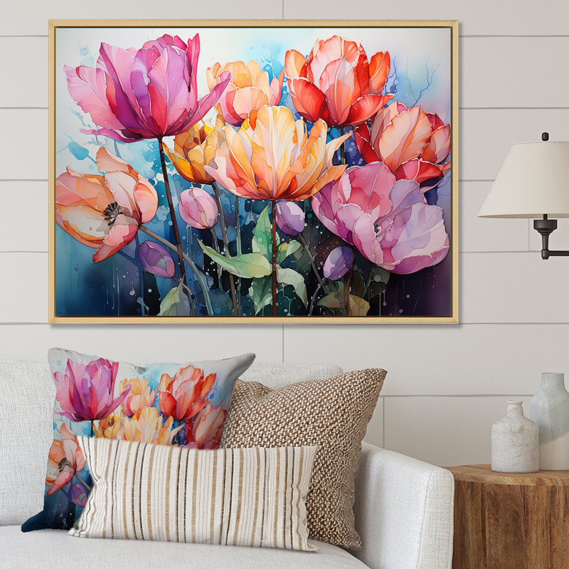 Les tulipes viennent vivantes avec un pinceau féroce sur toile, Cadre naturel flottant, H 30 po x l 40 po x P 1,5 po