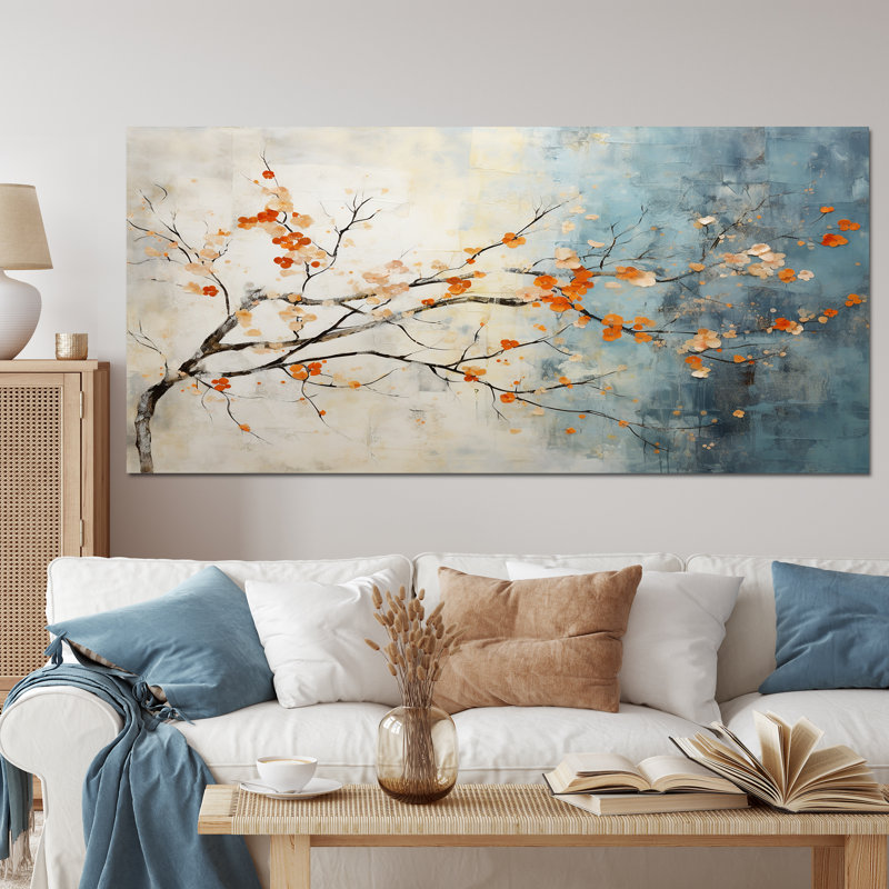 Orange, bleu sarcelle, érable, incandescent V - art mural érable, H 16 po x l 32 po x P 1 po, Encadrement argenté