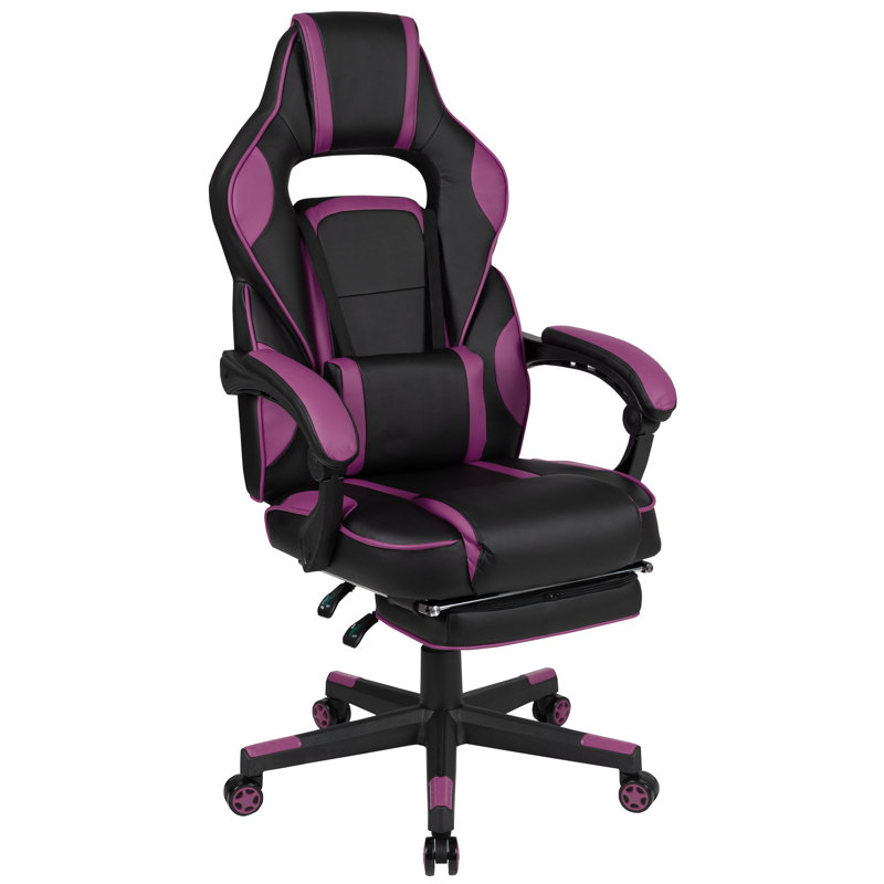 Massaging Adjustable Ergonomic Swivel Computer Gaming Chair with Fully Reclining Back and and Slide-Out Footrest, Pink/Black