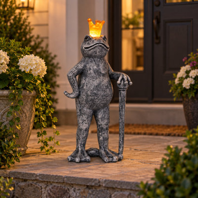 Statue de jardin Roi Grenouille Solaire avec Couronne Lumineuse, Figurine Animale d'Extérieur en Résine pour Pelouse, Terrasse et Jardin