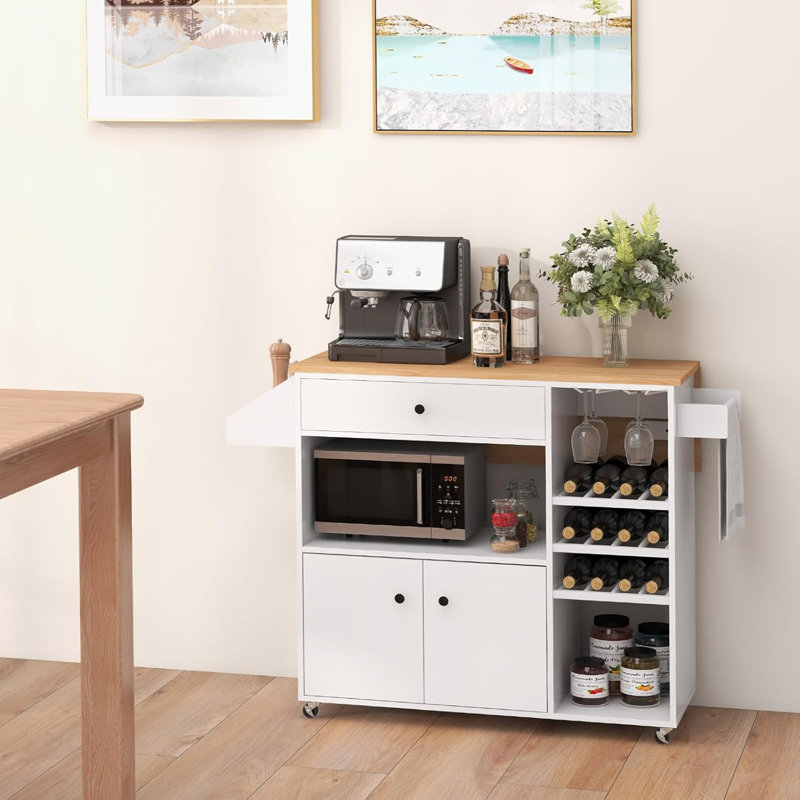 Kitchen Island Cart With Drop-leaf & Power Outlet Rolling Kitchen Cart On Wheels With Microwave Shelf Glass Holder, White