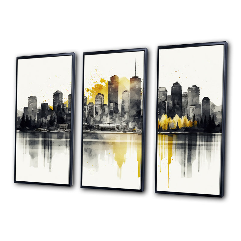 «Vancouver By Lakeside I», reproduction sur toile 3 pièces, H 28 po x l 36 po x P 1 po, Cadre noir