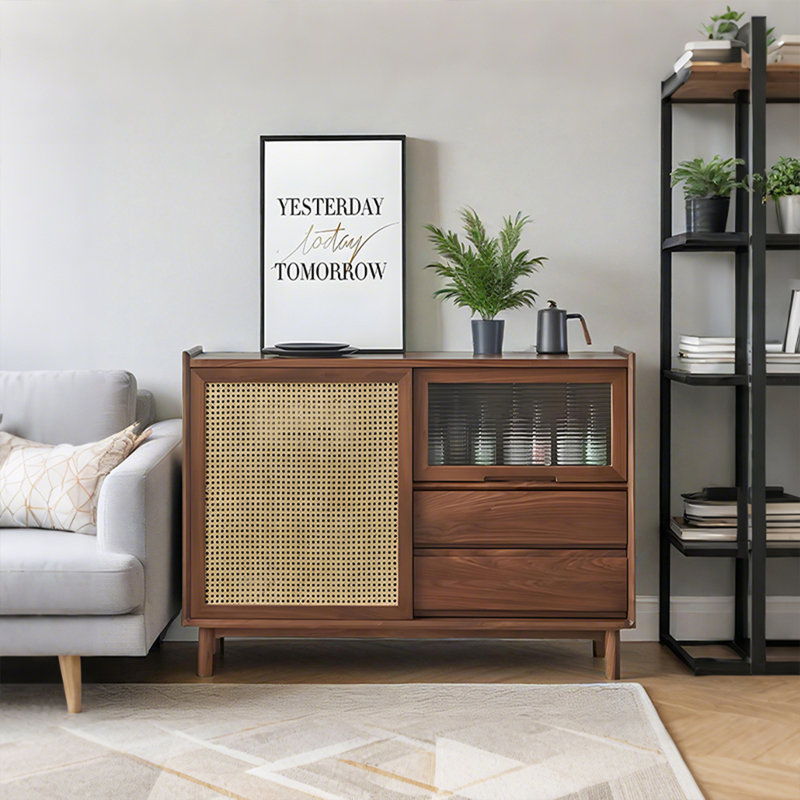 43.31"Brown Solid Wood Rectangular Woven Rattan Sliding Door Side Cabinet, 33.46" H x 35.43" W x 15.75" D