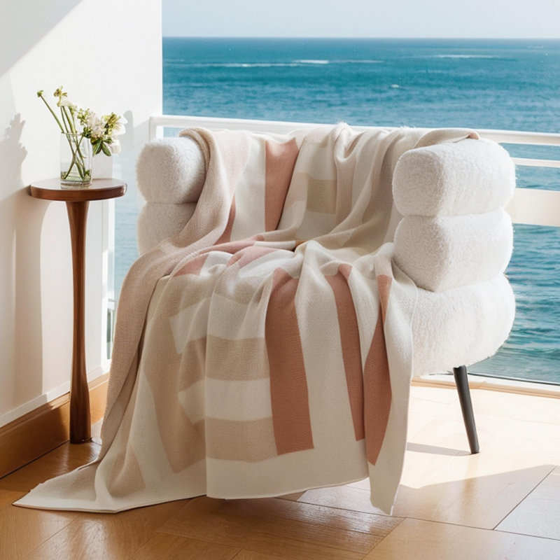 Double Stitch 100% Cotton Soft Knit Throw for Couch Geometric Pattern, Blue Striped, Throw