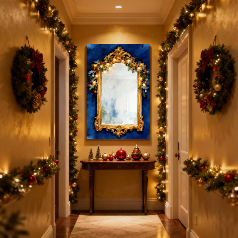 Miroir de Noël doré avec guirlandes de Noël, ensemble de 3 impressions sur toile, H 30 po x l 20 po