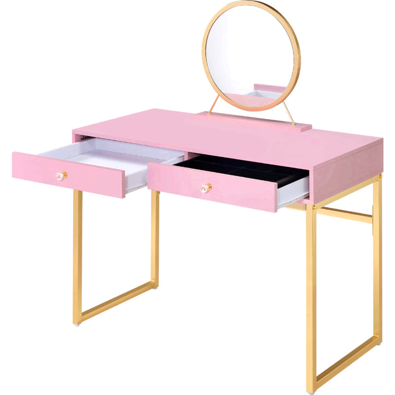 Rectangular Vanity Desk With Mirror And Jewelry Tray