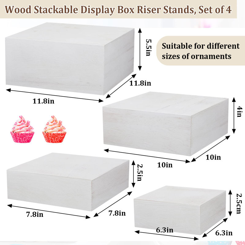 Ensemble de 4 présentoirs en bois Présentoirs à petits gâteaux rustiques Présentoirs à gâteaux en bois rustique Boîte en bois empilable pour le dessert