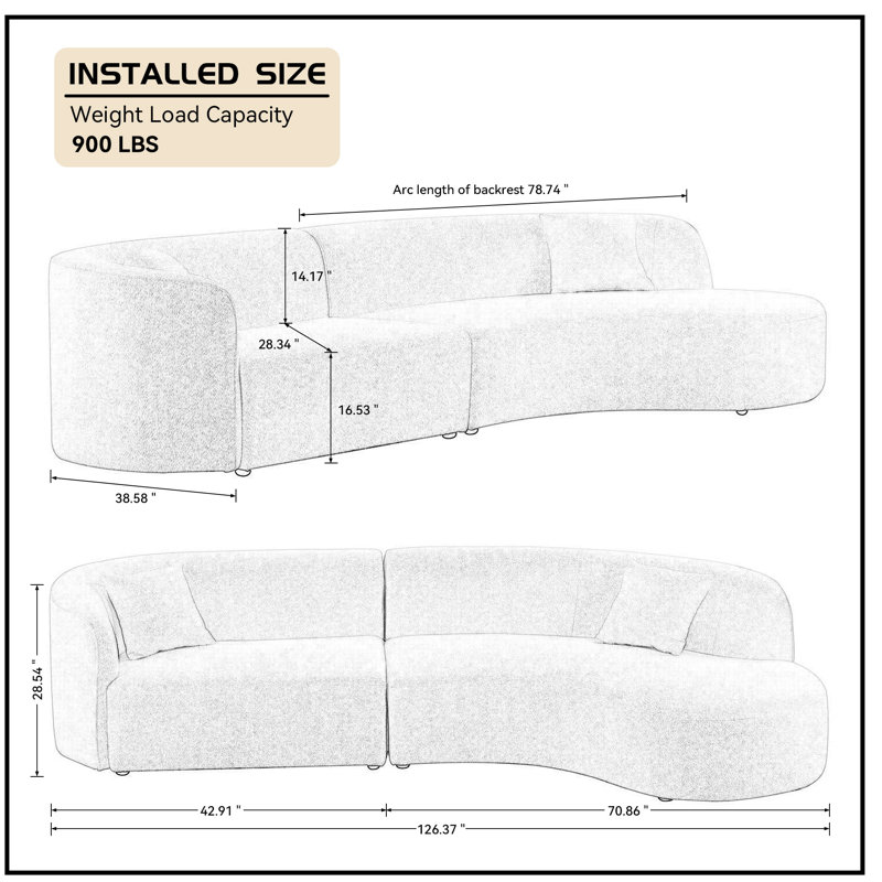 126.37" Boucle Upholstered Curved Sofa, Right Hand Facing, White Fabric