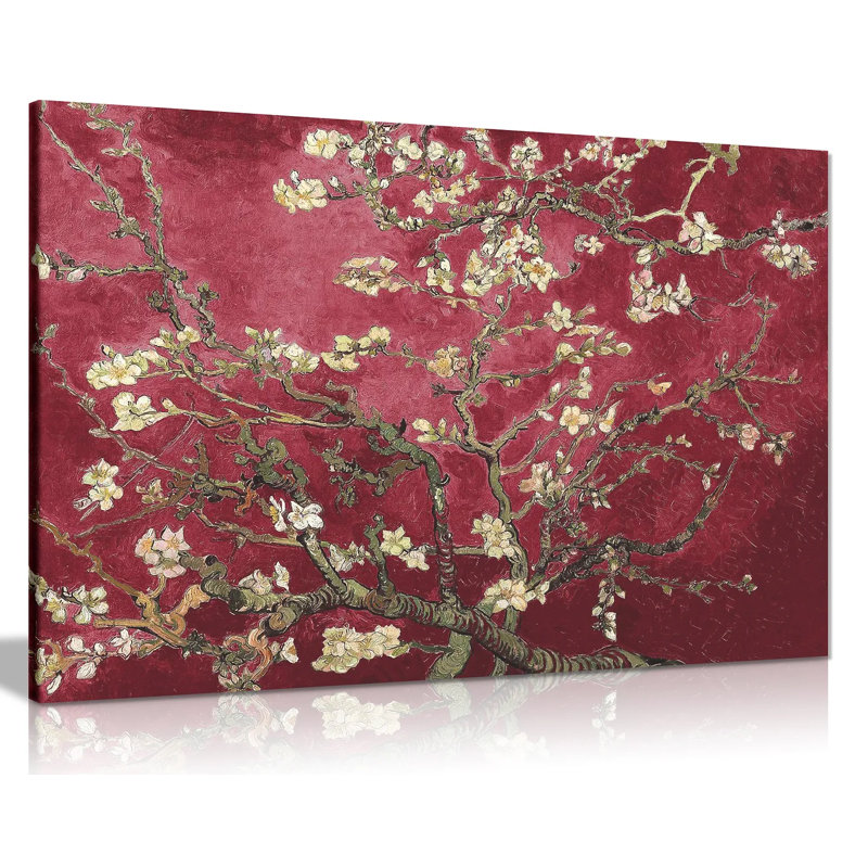 Maroon Van Gogh Blossoming Almond Tree - Wrapped Canvas Painting, 41cm H x 61cm W