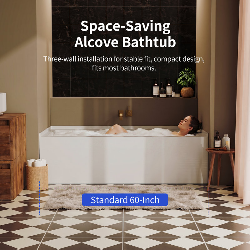 60" x 30" Rectangular Alcove Soaking Acrylic Bathtub with Chrome Drain and Overflow, Right