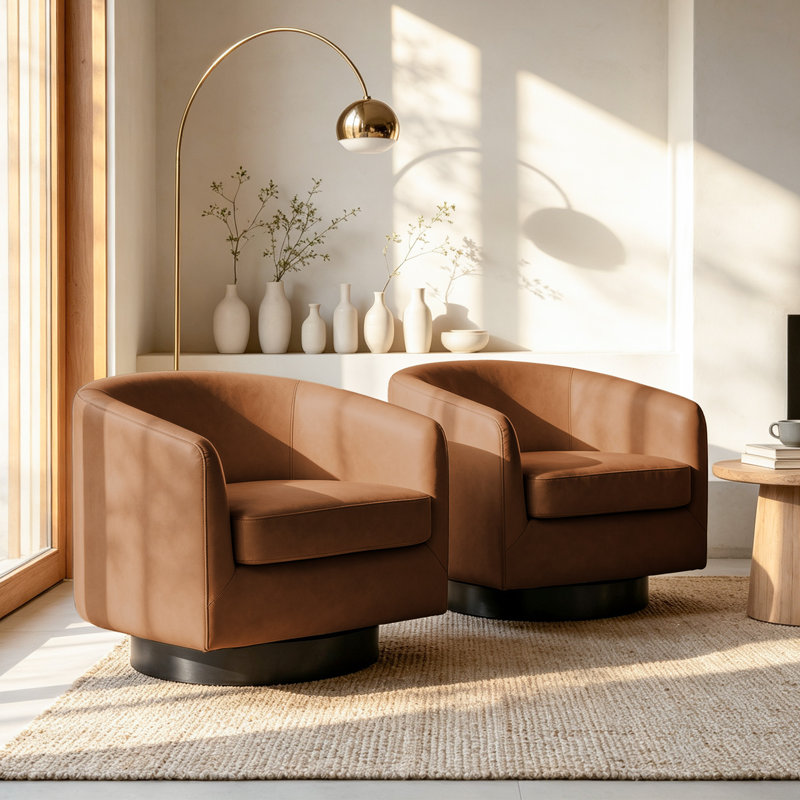 Applewold Upholstered Brown Faux Leather Swivel Barrel Chair with Solid Wood Base, Brown Faux Leather