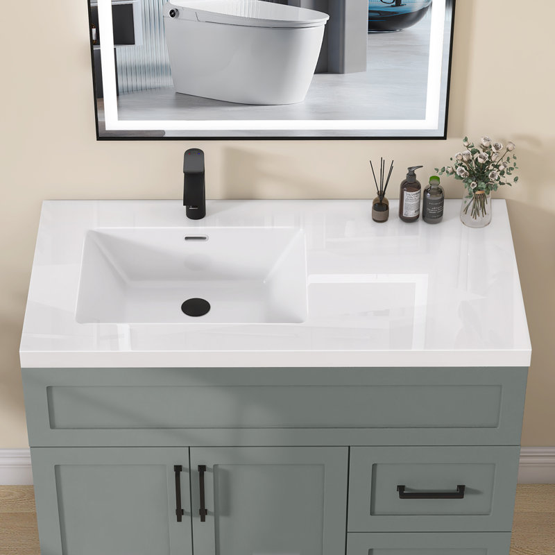 Dessus de meuble-lavabo simple 42 po x P 22 po avec comptoir en pierre en résine et comptoir en pierre avec trou pré-percé et drain à gauche