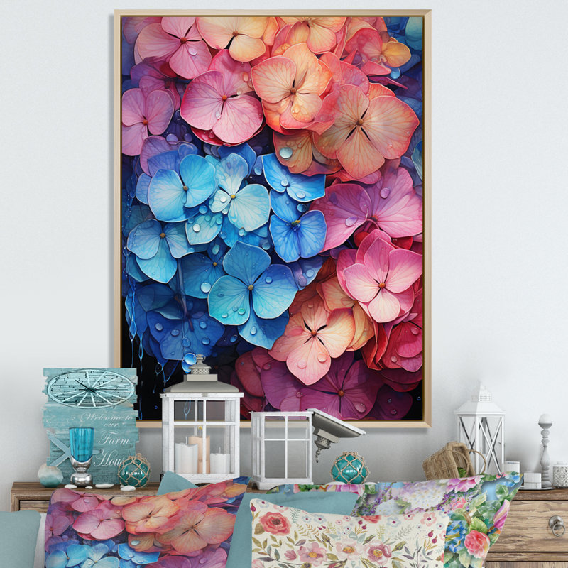 Hydrangées bleues et roses - Pétales surréels, H 44 po x l 34 po x P 1,5 po, Cadre naturel flottant