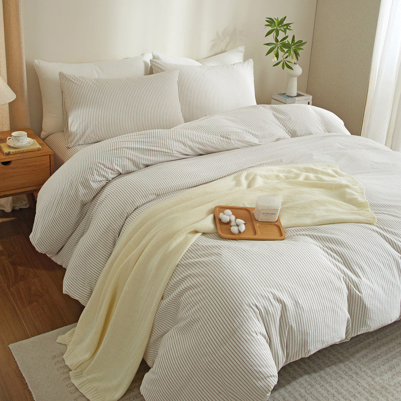 LIFETOWN Striped Duvet Cover Set,3 Pcs Breathable Durable 100% Washed Cotton Comforter Cover for All Seasons, Chic Linen Like Textured Bedding Set.