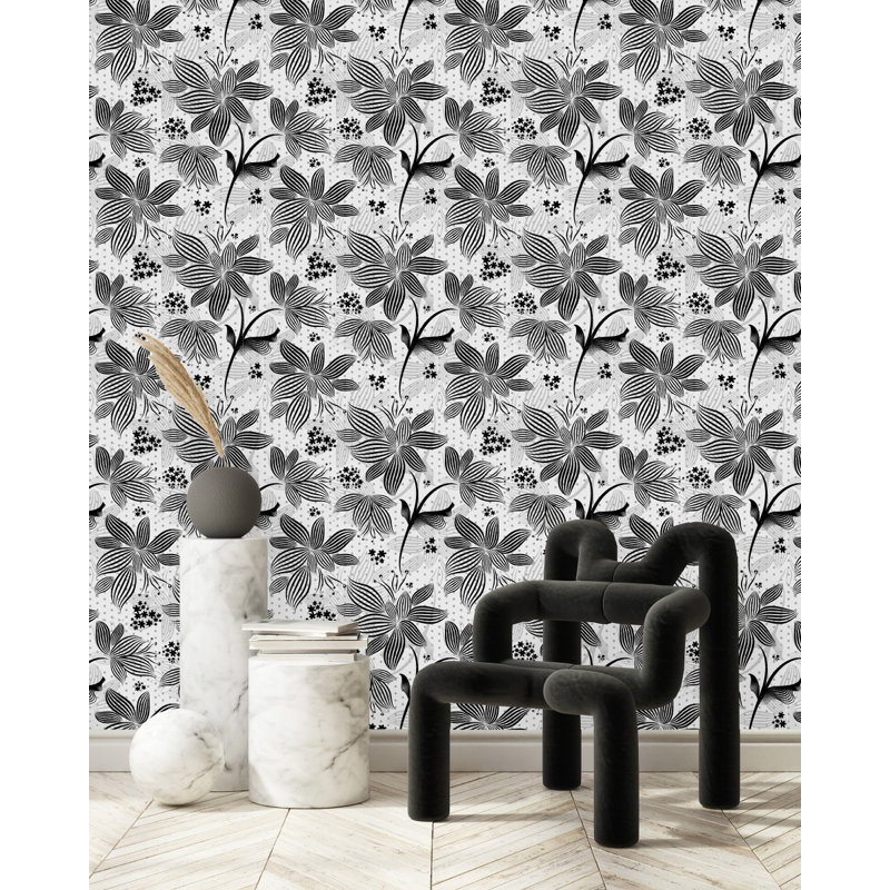 Panneau de papier peint adhésif noir et blanc à motif floral L 10,4 pi x l 25 po, L 25 po x L 225 po