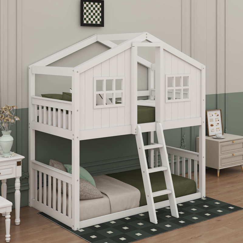Twin Over Twin House Bunk Bed With Ladder, White