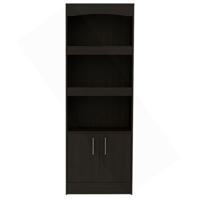 Simma Bookcase, Metal Hardware, Three Shelves, Double Door Cabinet -Black