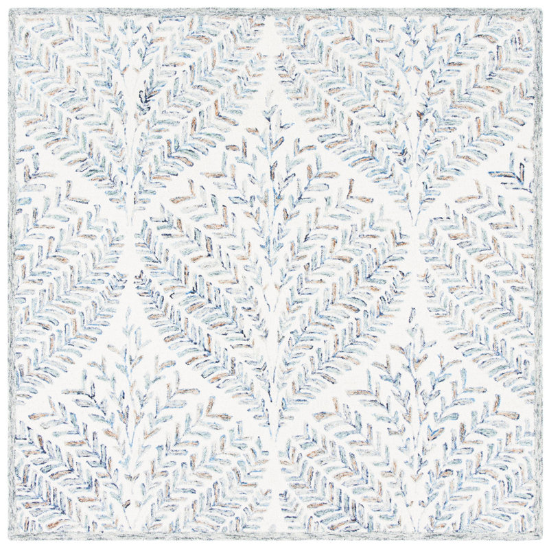 Tapis ivoire / bleu en laine touffeté à la main Ikat, Carré 4 pi