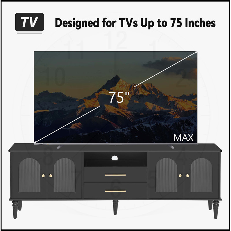 Meuble télé 68,9 po pour téléviseur de 75 po ou moins, meuble audio-vidéo avec portes en verre cannelé et pieds en bois massif