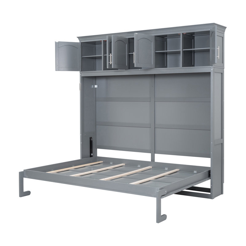 Lit escamotable double pleine grandeur avec armoires supérieures, gris, Gris, Lit double