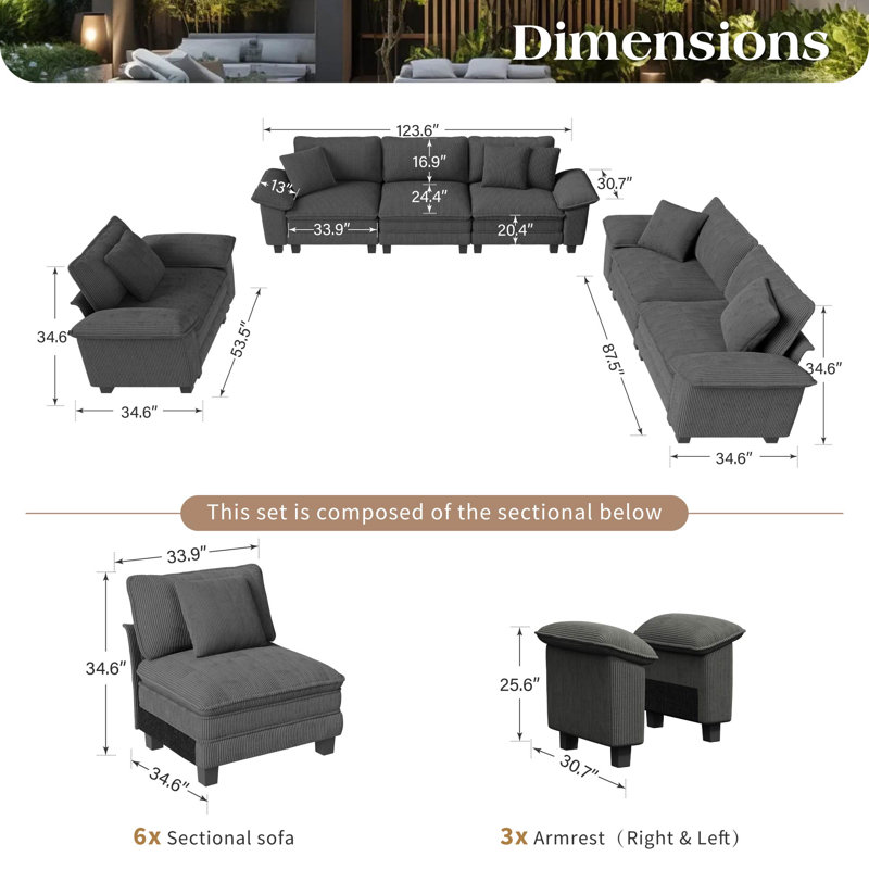 6 - Piece Living Room Set, Corduroy Light Grey