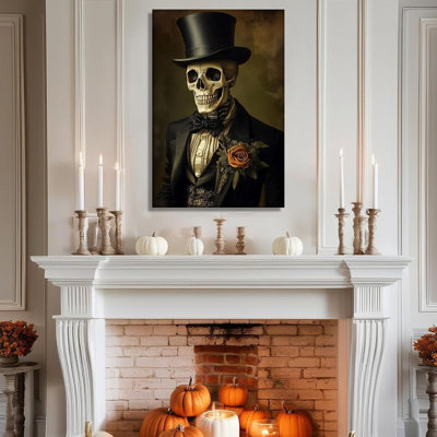 Canvas Wall Art Halloween Wall Decor Funny Suit Skull Picture Vintage Gothic Painting Prints Dark Academia Artwork For Living Room Bedroom Home Decor Framed(Art-1,24.00X36.00 Inch)